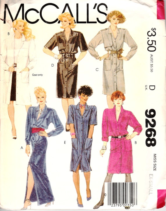 1980s Sewing Patterns, Coat Dress Pattern, Shirt Dress Pattern, 80s Cocktail Dress, Shoulder Pads, Long Short Sleeves, McCalls 9268, XSmall 1980s Sewing Patterns, Coat Dress Pattern, Shirt Dress Pattern, 80s Cocktail Dress, Shoulder Pads, Long Short Sleeves, McCalls 9268, XSmall