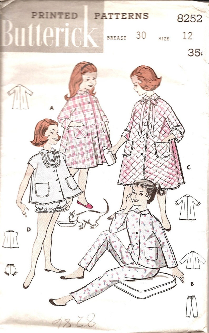 1950s Girls Baby Doll Pajamas Sewing Pattern, Girls Robe, Full Pajamas
