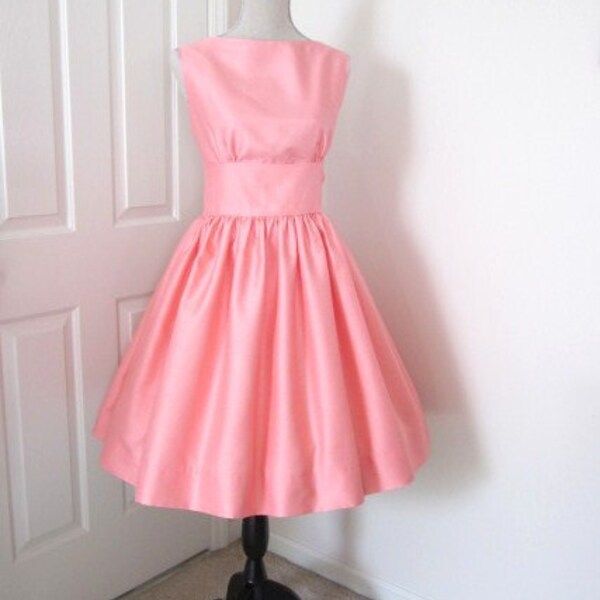 Vintage Style Dress Audrey Hepburn Coral Shantung Midriff Bridesmaids Rehearsal Dinner Wedding
