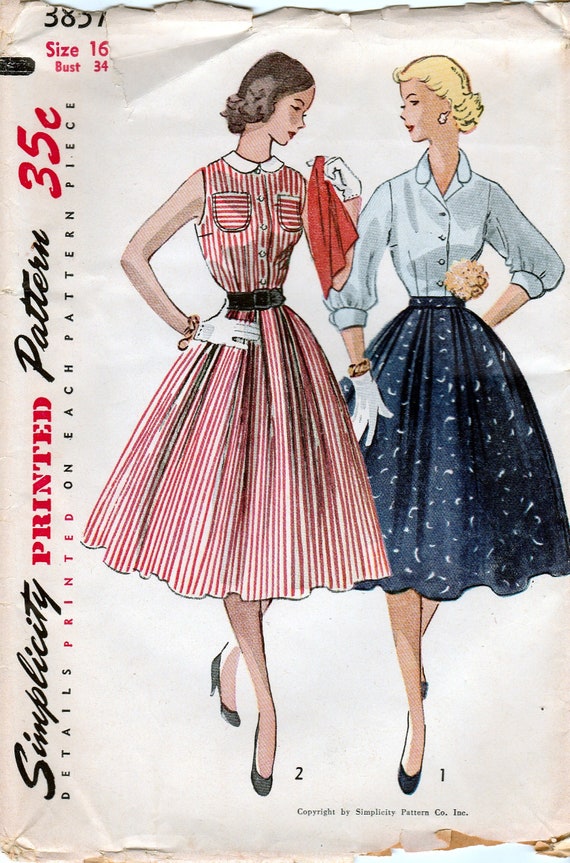 Década de 1950, falda de los años 50, patrón de costura de blusa, falda  completa, debajo de la rodilla, blusa a medida, tres cuartos y sin mangas