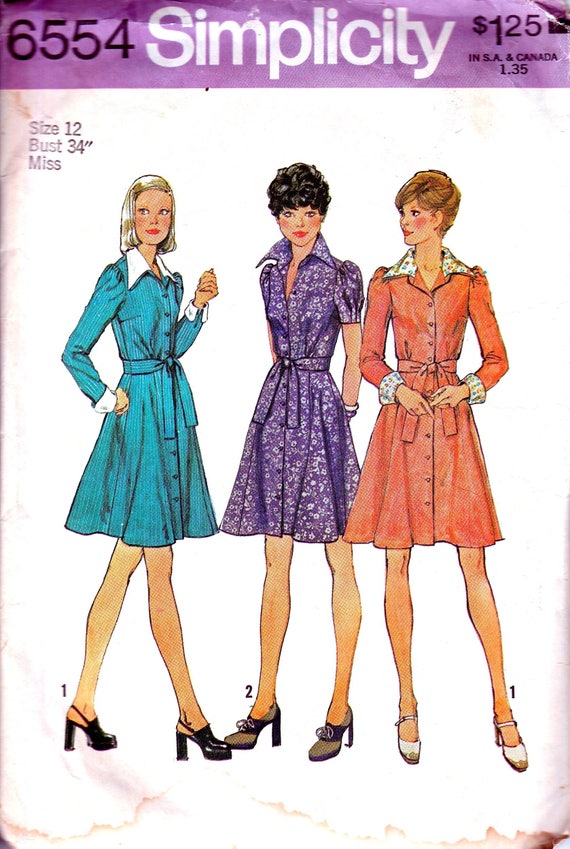 1970s Dress Sewing Pattern Short Skirt Shirt Dress Gored Skirt 70s Long Collar Dress Puffed Sleeve French Cuffs Bust 34 DIY Simplicity 6554 1970s Dress Sewing Pattern Short Skirt Shirt Dress Gored Skirt 70s Long Collar Dress Puffed Sleeve French Cuffs Bust 34 DIY Simplicity 6554