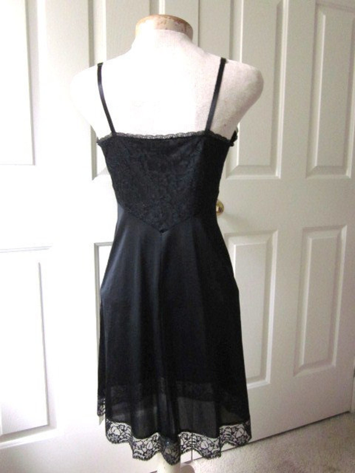 1960s Slip, Full Black Slip, Black Lace Slip, Nightgown, Vintage Lingerie, Vanity Fair, Petite