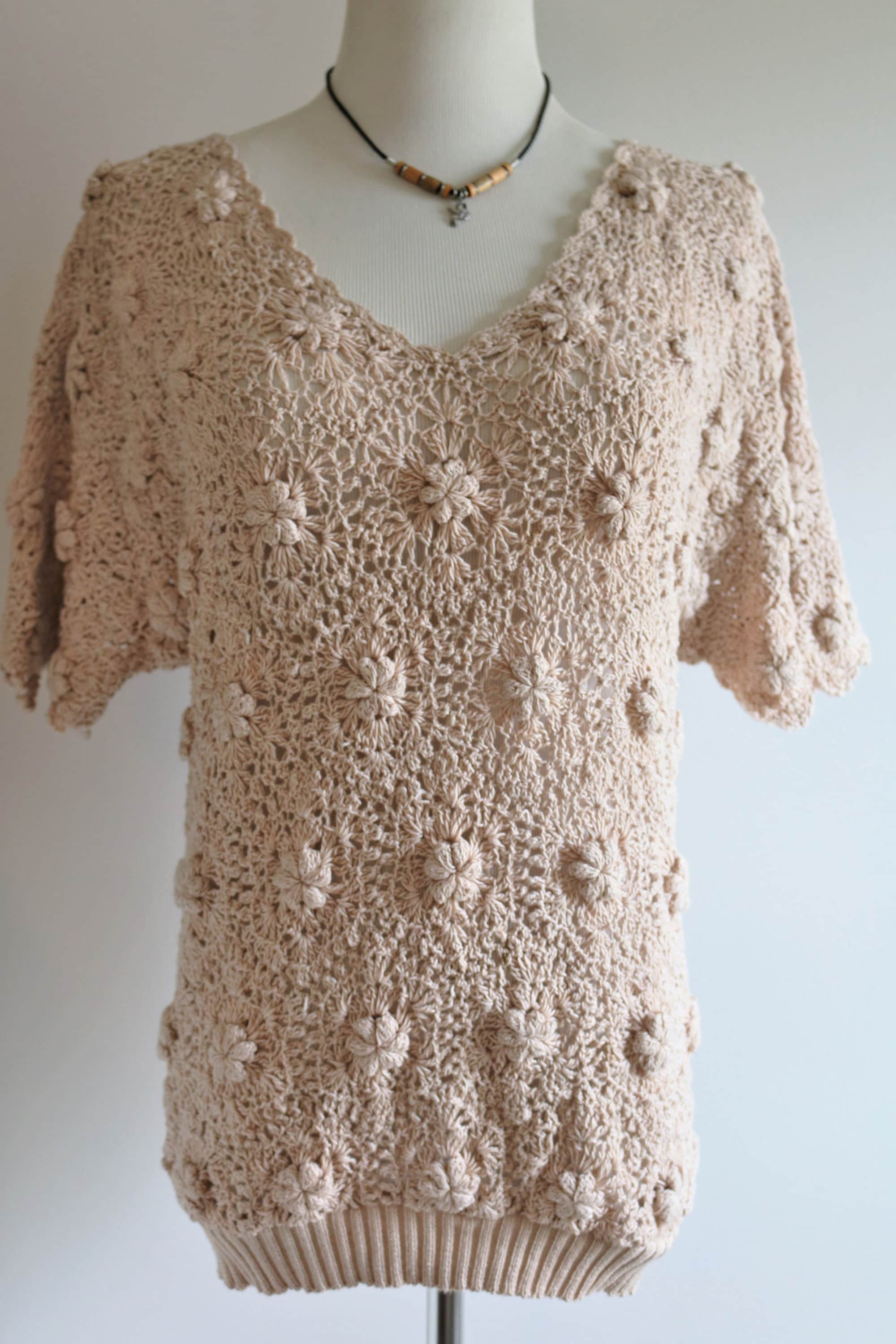 1990s Vintage Bohemian Sweater Beige Cotton Crochet Pull - Etsy