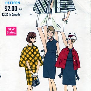 May include: Vintage Vogue pattern 7247 featuring illustrations of women's fashion from the 1960s. The designs include capes, dresses, and hats. The pattern size is 10, with bust 32.5 inches and hip 34.5 inches. The price is $2.00.