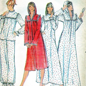 May include: Butterick 565 size 8 sewing pattern envelope featuring illustrations of four loungewear options: a two-piece pyjama set with ruffled trim, a solid red hooded robe, and two long-sleeved hooded nightgowns with a small floral print.