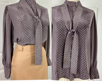 1980s Silk Bow Tie Blouse, Pleated Accents, Grey Purple Tiny Print, Band Collar, Old School, 80s High Fashion, Streetwear, S 12, Carlisle