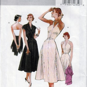 1940s Halter Jurk naaien Patroon, Repro 40s Mode, Flare Rok Jurk, V Hals, Korte Mouw Jas, XS tot MED, Butterick 5214, UNCUT ff