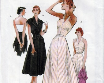 1940s Halter Dress Sewing Pattern, Repro 40s Fashion, Flare Skirt Dress, V Neck, Short Sleeve Jacket, XS to MED, Butterick 5214, UNCUT ff