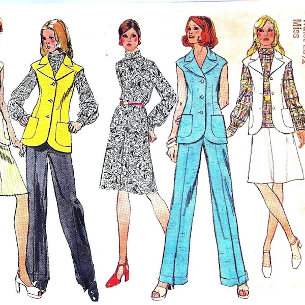 1970s Fashion Sewing Pattern, 70s Vest, Blouse, Back Zipper, A Line Skirt, High Waist Pants, Cuffs, Bust 34, Simplicity 5528