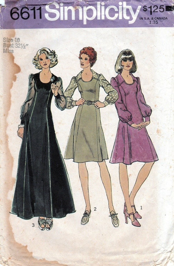 1970s Dress Sewing Pattern, Maxi Dress, Princess Seams, Low Round Neckline, Long Cuff Puff Sleeves, 70s Fashion Simplicity 6611, Bust 32 1970s Dress Sewing Pattern, Maxi Dress, Princess Seams, Low Round Neckline, Long Cuff Puff Sleeves, 70s Fashion Simplicity 6611, Bust 32