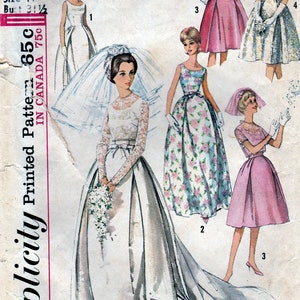 1960s Wedding Gown Evening Dress Sewing Detachable Train, Bridesmaid Dress, Low Round Neck Pleat Front Sleeveless, Jacket, Simplicity 5343