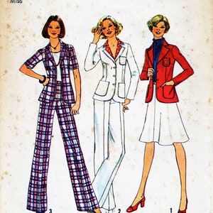 May include: Vintage Simplicity sewing pattern 6876, size 12, bust 34 inches. The illustration shows three women in different outfits: a plaid pantsuit, a white suit, and a red blazer with a white skirt.