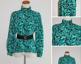 Vintage 80s Blouse, High Button Collar, Long Puffed Sleeves, Shoulder Pads, Invisible Button Front, Green Leaves, Bedford Fair, Gift for Her