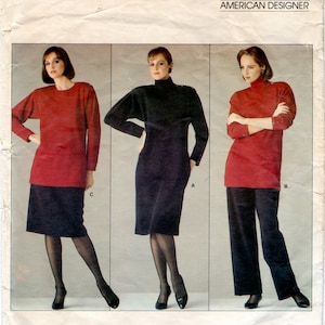 May include: A sewing pattern for a dress and pants by Very Easy Vogue, an American designer. The pattern is for a red dress with a turtleneck and a black skirt, a black dress with a turtleneck, and red pants with a turtleneck. The pattern is by Calvin Klein and the pattern number is 1212.