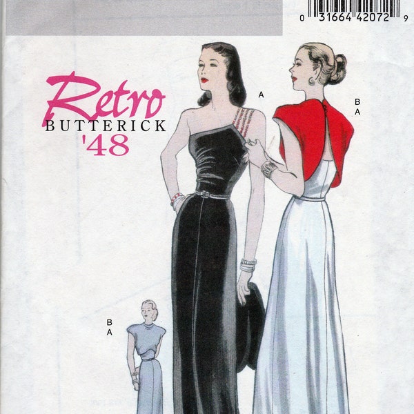 1940s Evening Dress, Jacket Sewing Pattern, One Shoulder, Close Fit Flare, 40s Fashion, Multi Size XS to S Butterick Repro 5136, UNCUT FF