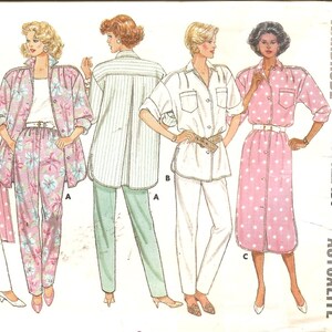1980s Swing Coat, Shirt Dress, Sewing Pattern Blouse, Dropped Shoulders and Pads, Elastic Waist, X Small to Med, Butterick 3755  UNCUT