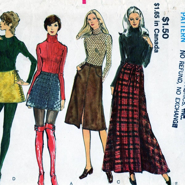 1970s Skirt Sewing Pattern, Maxi Wrap Skirt, Mini Skirt, Al Line, Saddle Stitch Trim, Button Front Below Knee, Waist 27 Hips 38, Vogue 8125