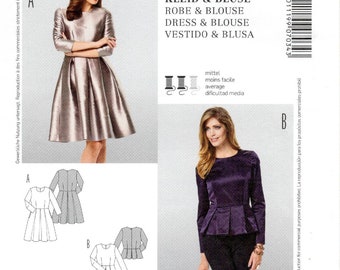 Dress, Blouse High Fashion Burda Style 7034 Uncut FF Sewing Pattern 6 Sizes S to XXL Semi Fitted, Peplum, Pleats, Long Sleeve