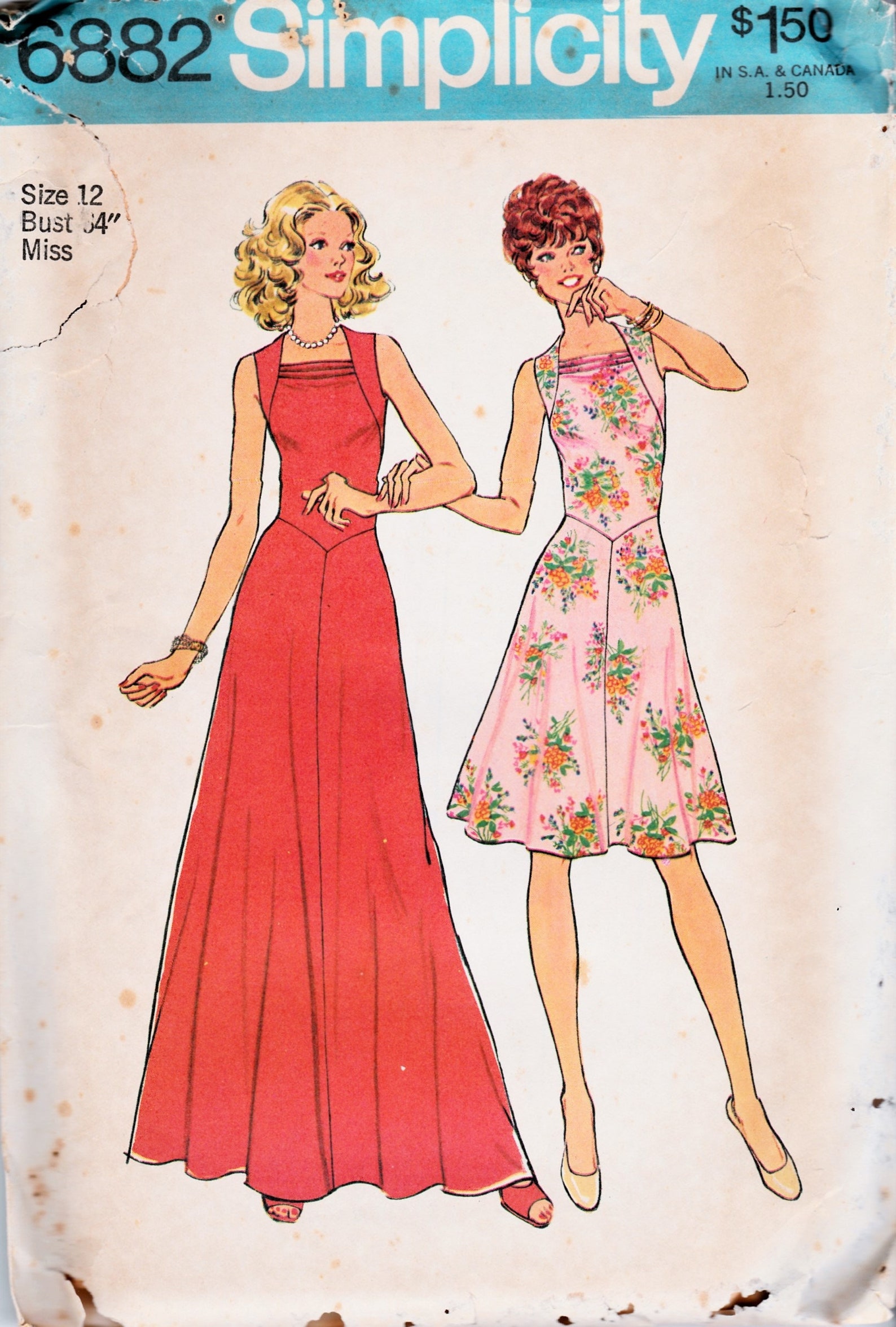 1970s, 70s, Dress Sewing Pattern, Long, Short, Simplicity 6882, Flared Sleeveless, Cowl Neckline