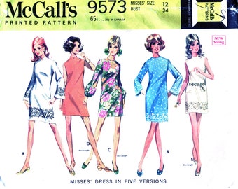 1960s Mini Dress Knee Length Sewing Pattern, Mod Shift, Long Puff Sleeve, Bell Sleeves, Sleeveless, 5 Versions, McCalls 9573, Bust 34