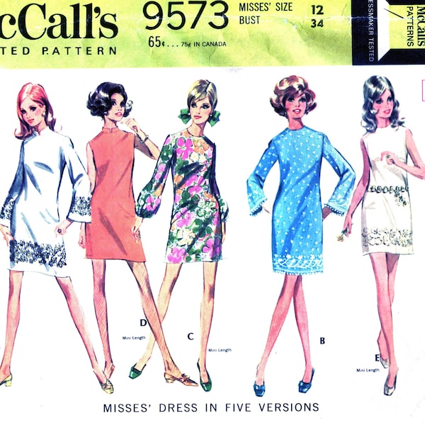 1960s Mini Dress Knee Length Sewing Pattern, Mod Shift, Long Puff Sleeve, Bell Sleeves, Sleeveless, 5 Versions, McCalls 9573, Bust 34