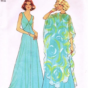 May include: Vintage Simplicity sewing pattern 7183. The illustration shows two dresses: a turquoise V-neck gown and a turquoise and white patterned cape dress. The pattern includes sizing information: Size 10, Bust 32 1/2 inches.