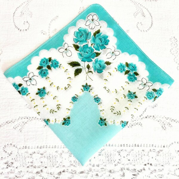Vintage Handkerchief Hanky Aqua Mint Roses Daisy Cotton Hankies Shower Favor Bridesmaid Country Wedding Sympathy Gift Quilting Gift for Her