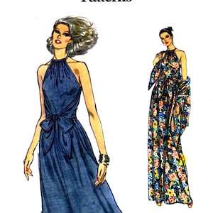 May include: Vogue Patterns sewing pattern 7054, size 10. The illustration shows two halter dresses. One is a denim-look dress with a bow at the waist. The other is a floral print maxi dress. The text "Very Easy Vogue Patterns" is at the top.