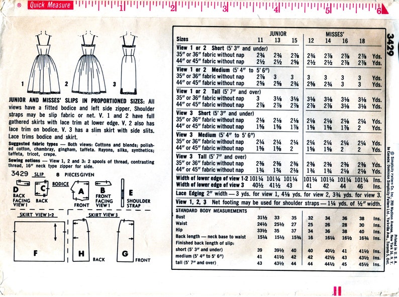 1960s Slip Sewing Pattern, Full Slip, Form Fit Slip, Gathered Skirt