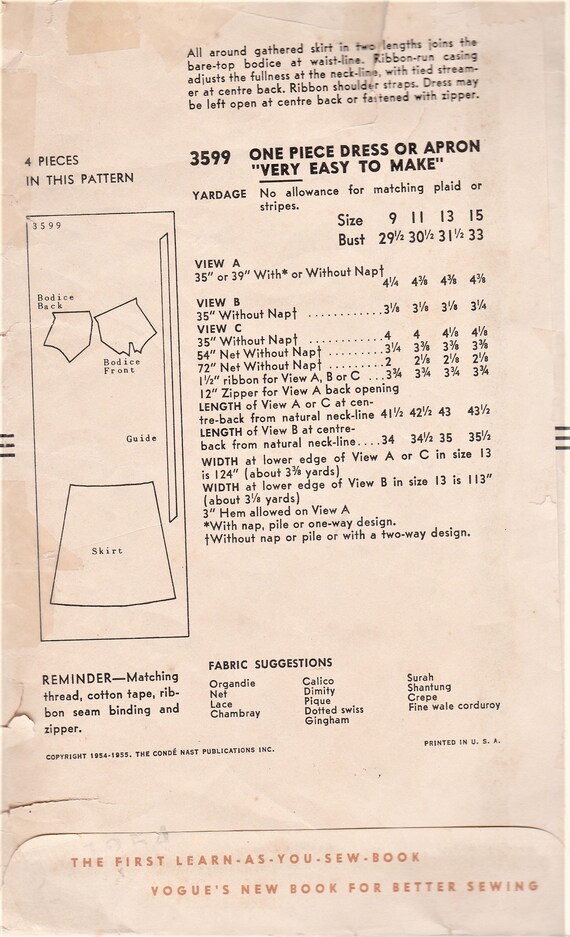 Rare 1950s Dress or Apron Pattern Vintage Vogue 3599 Sewing - Etsy