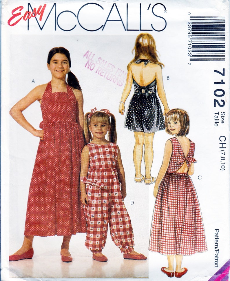 VSCO Girls McCalls 7102 Elastic Legs Kids Summer Fashion 1990s Sewing Patterns 90s Girls Dress Jumpsuit Romper 2 Lengths Size 10