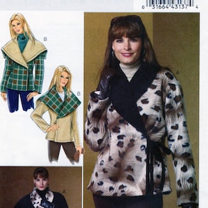 Puede incluir: Patrón de costura Butterick B5424. El patrón presenta diseños de chaquetas con varios estilos de cuello. Una chaqueta tiene un estampado de leopardo, otra un patrón de cuadros. Tallas 42-50.