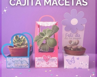 Pode incluir: Três suportes decorativos para plantas em rosa, azul e branco, cada um com uma suculenta. Os suportes são decorados com borboletas, flores e o texto "Feliz dia de la mujer". O texto superior diz "PLANTILLA/TEMPLATE CAJITA MACETAS".