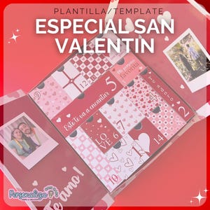 Puede incluir: Una caja de regalo de San Valentín con un tema rojo y rosa. La caja presenta un diseño de calendario con números y frases como "Amor" y "Mi persona favorita". Incluye dos fotos y el texto "Especial San Valentín."