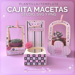 Puede incluir: Tres maceteros decorativos con el texto "CAJITA MACETAS". Los maceteros tienen forma de marco, caja y flor. Cada macetero contiene una pequeña planta suculenta. El texto "Feliz Dia Mama" es visible.