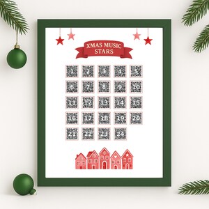 Musik Adventskalender Weihnachten mit QR-Code zum Ausdrucken | 24 Playlists berühmter Künstler | 3 Designs | Digitales Geschenk PDF