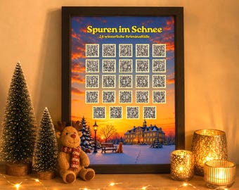 Könnte beinhalten: Ein gerahmtes Poster mit dem Titel Spuren im Schnee 24 winterliche Kriminalfälle, das eine winterliche Abendlandschaft mit einem verschneiten Herrenhaus, einem Hund und vierundzwanzig nummerierten QR-Code-Quadraten in einem schwarzen Rahmen zeigt.