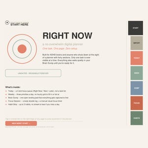 以下が含まれることがあります： RIGHT NOWというタイトルのデジタルプランナーインターフェース。円形のロゴ、START、IMPORT、TODAY、WEEK、DUMP、FOCUS、HABITSとラベル付けされた色付きタブのナビゲーションサイドバー、およびフォーキューやブレインダンプなどの機能リストが表示されています。