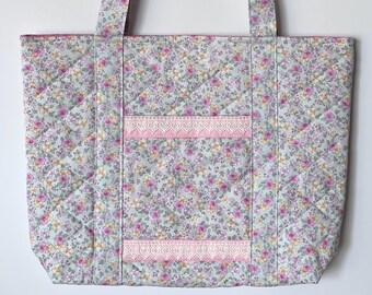Handmade Quilted Floral Tote Bag – Mint Cottagecore Book Bag
