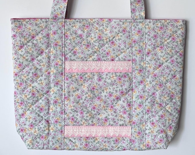 Handmade Quilted Floral Tote Bag – Mint Cottagecore Book Bag