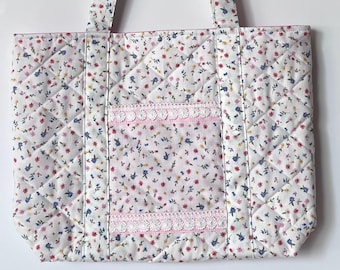 Quilted Floral Tote - Handmade Cotton Book Bag with Outside Pockets