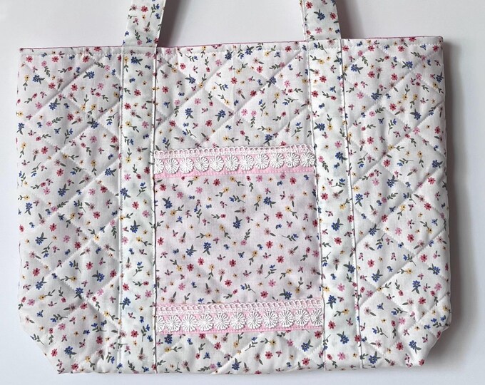 Quilted Floral Tote - Handmade Cotton Book Bag with Outside Pockets