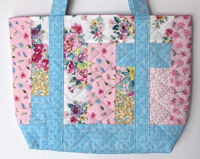 Handmade Floral Patchwork Quilted Tote Bag: Large Cotton Shoulder Bag