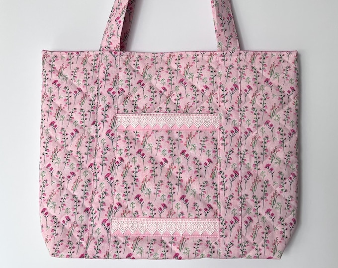 Pretty in Pink Quilted Cotton Tote Bag with Lace Pockets