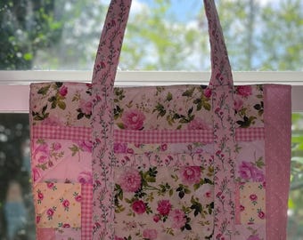 Pink Floral Patchwork Quilted Tote Bag