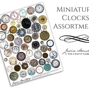 May include: A digital sheet of printable miniature clock images. The sheet features a variety of clock designs with different colors, styles, and numbers. The text "MINIATURE CLOCKS ASSORTMENT" is at the top of the sheet. The text "Jessica Armstrong © THE CRAFTY GOBLIN" is at the bottom of the sheet.