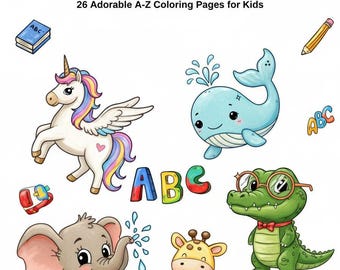 Animal Alphabet Coloring Pages, A-Z Toddler Activity (Digital Download PDF 8.5x11 inch)