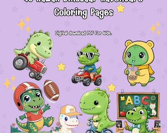 40 Kawaii Dinosaur Adventure Coloring Pages for Kids,Toddler Dinosaur, Digital Download PDF.