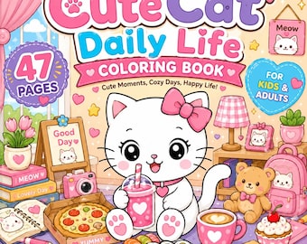 Kawaii Cat Daily Life Coloring Book | 47 Pages for Kids Adults (Digital Download)