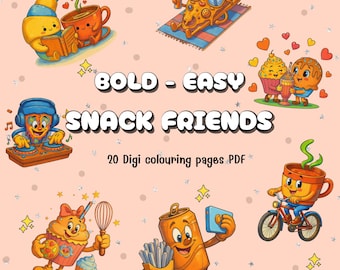 Snack Friends Coloring Book | Food & Drinks Kawaii Colouring Pages PDF | Fun Easy Digital Download